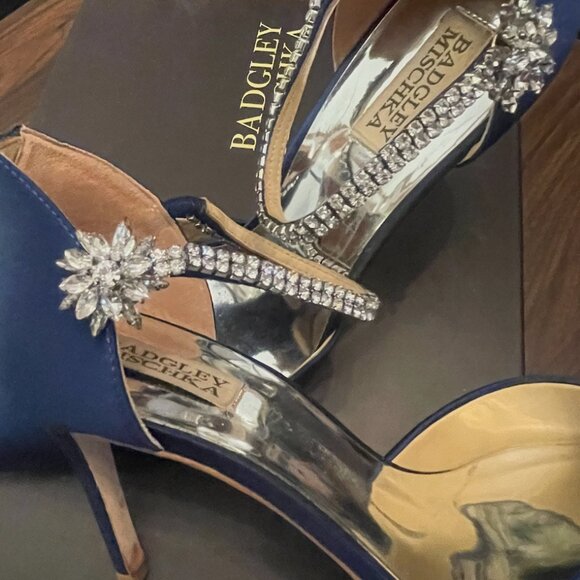Badgley Mischka Valerie Rhinestone Strap Satin Pumps Navy High Heel Wedding - Picture 6 of 7